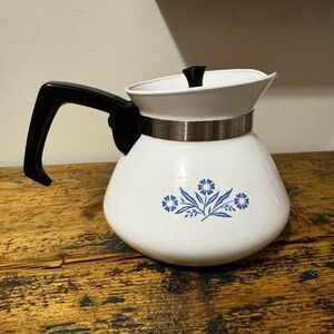 Corningware White Teapot with Blue Cornflower Motif and Black Handle